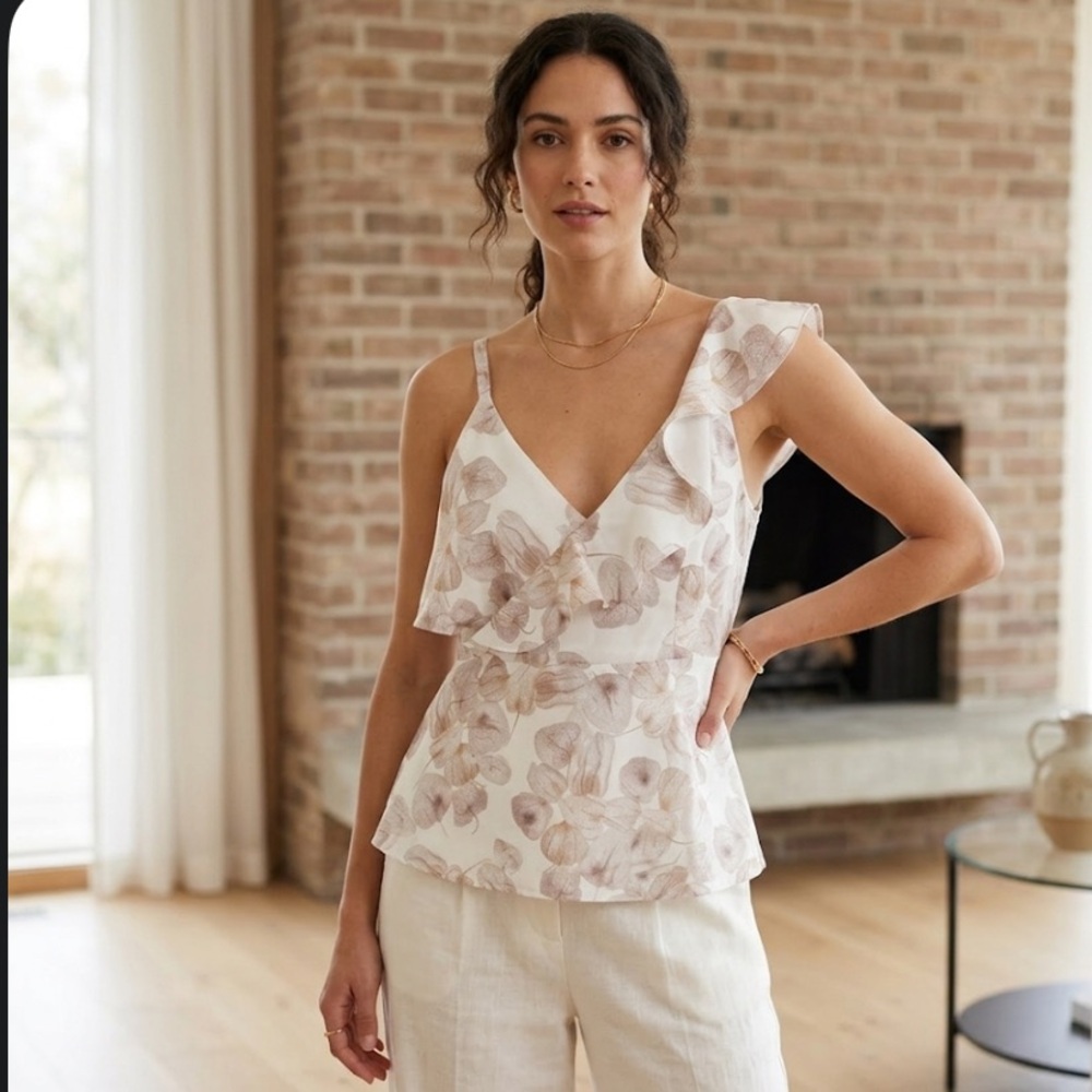 Anthropologie Asymmetrical Ruffle Strap V Neck Floral Print Boho Tops NWOT